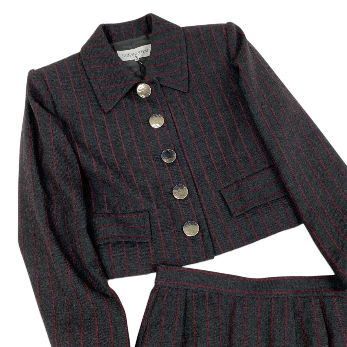 Ej19 YVESSAINTLAURENT イヴサンローラン セットアップ スカートスーツ ストライプ柄 サイズ9A3 ダークグレー レディースo07t