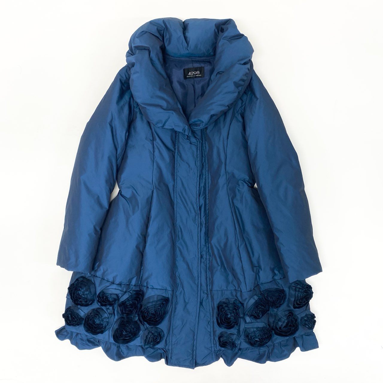 40k18【美品】SHIZUKA KOMURO シズカコムロ ダウンコート ロングコート 薔薇 Aライン 42サイズ ネイビー レディースu02t