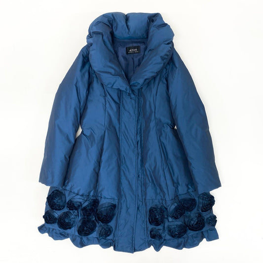 40k18【美品】SHIZUKA KOMURO シズカコムロ ダウンコート ロングコート 薔薇 Aライン 42サイズ ネイビー レディースu02t