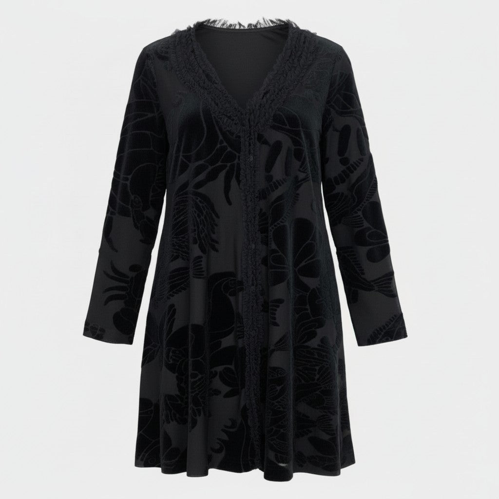 77b27 TOKUKO 1er VOL トクコプルミエヴォル ノーカラー ロングジャケット シアージャケット ロングカーディガン ベロア切替 レース 魚 総柄 レディース 女性服 サイズ9 ブラックu02t