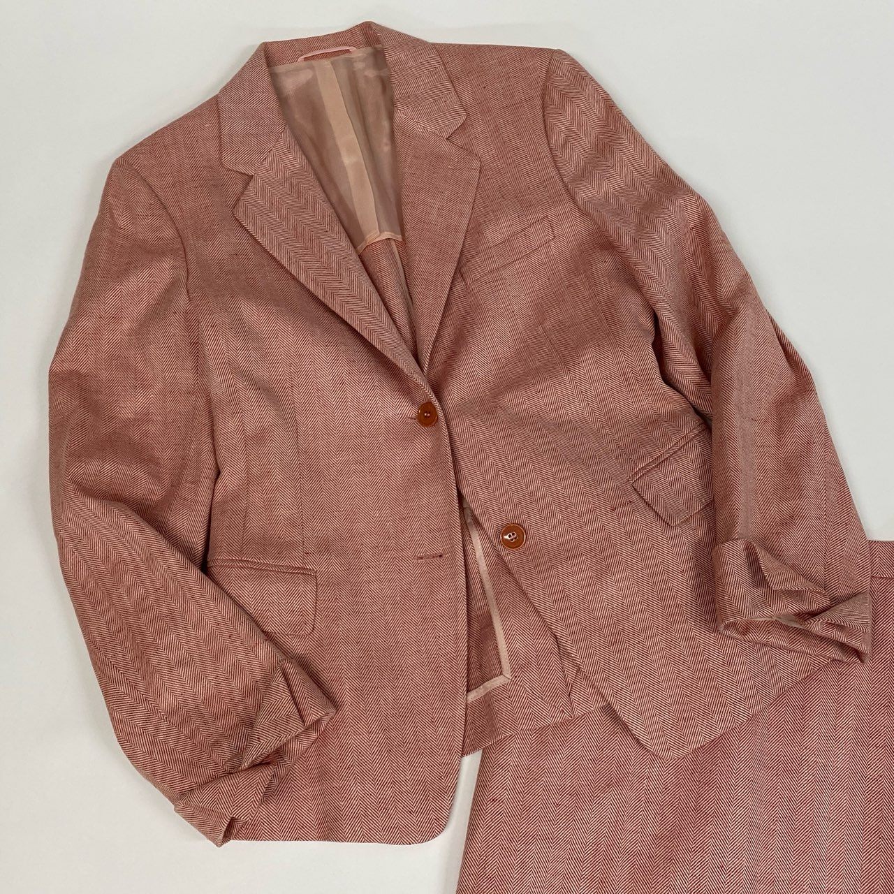 70a15 Paul Stuart ポールスチュアート セットアップ スカートスーツ テーラードジャケット 膝丈スカート ヘリンボーン イタリア製 レディース 女性用 サイズ42 レッド ホワイト シルク コットン リネンu02t