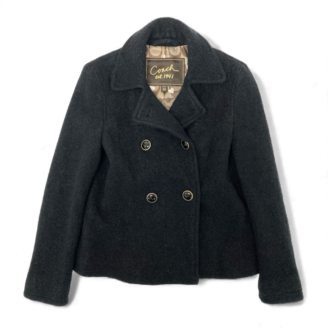 10k11 COACH コーチ ダブルブレスト ジャケット ショート丈 Pコート ウールブレンド 裏地ブランドロゴ ハート柄 レディース 女性用  XS ブラックu02t