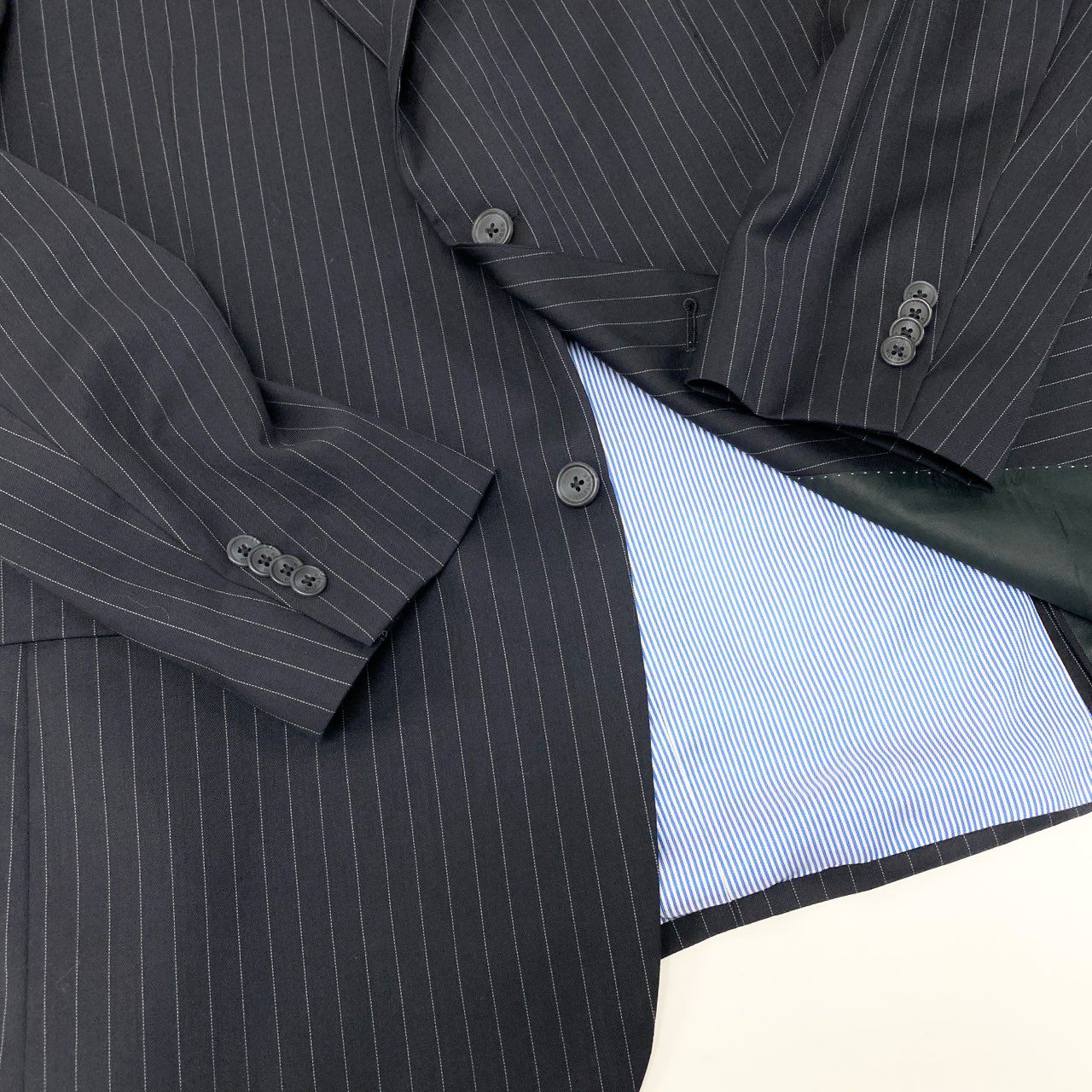 6k1《美品》 TOMMY HILFIGER トミーヒルフィガー セットアップスーツ シングル 2B ストライプ テーラードジャケット スラックス  ネイビー ウール100％o07t