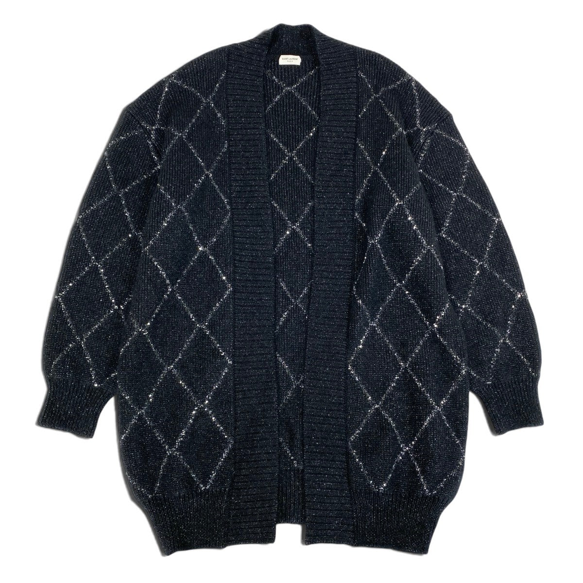 Ei4 【美品】 SAINT LAURENT サンローラン 2022FW スパンコール アーガイル ロングカーディガン サイズM ブラック レディースk02i