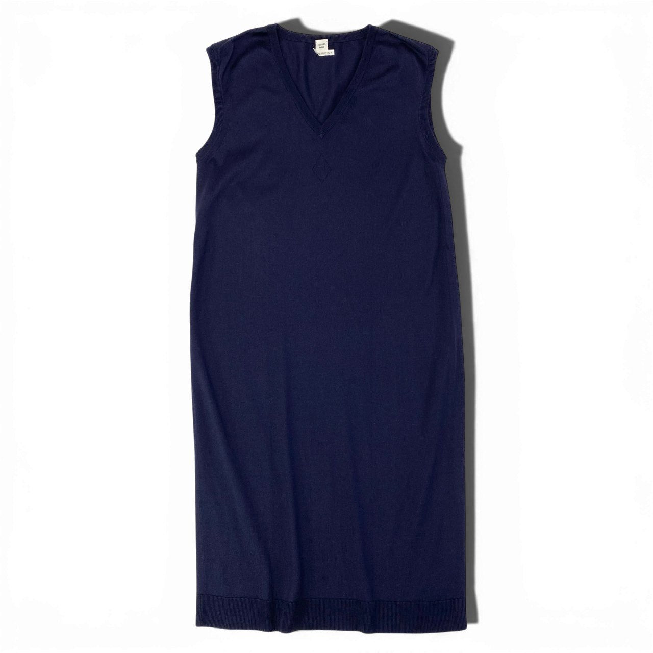 2a29【美品】HERMES エルメス ノースリーブニットワンピース Vネック 胸元ロゴ 36サイズ ネイビー コットン100％ レディース 女性用o07t