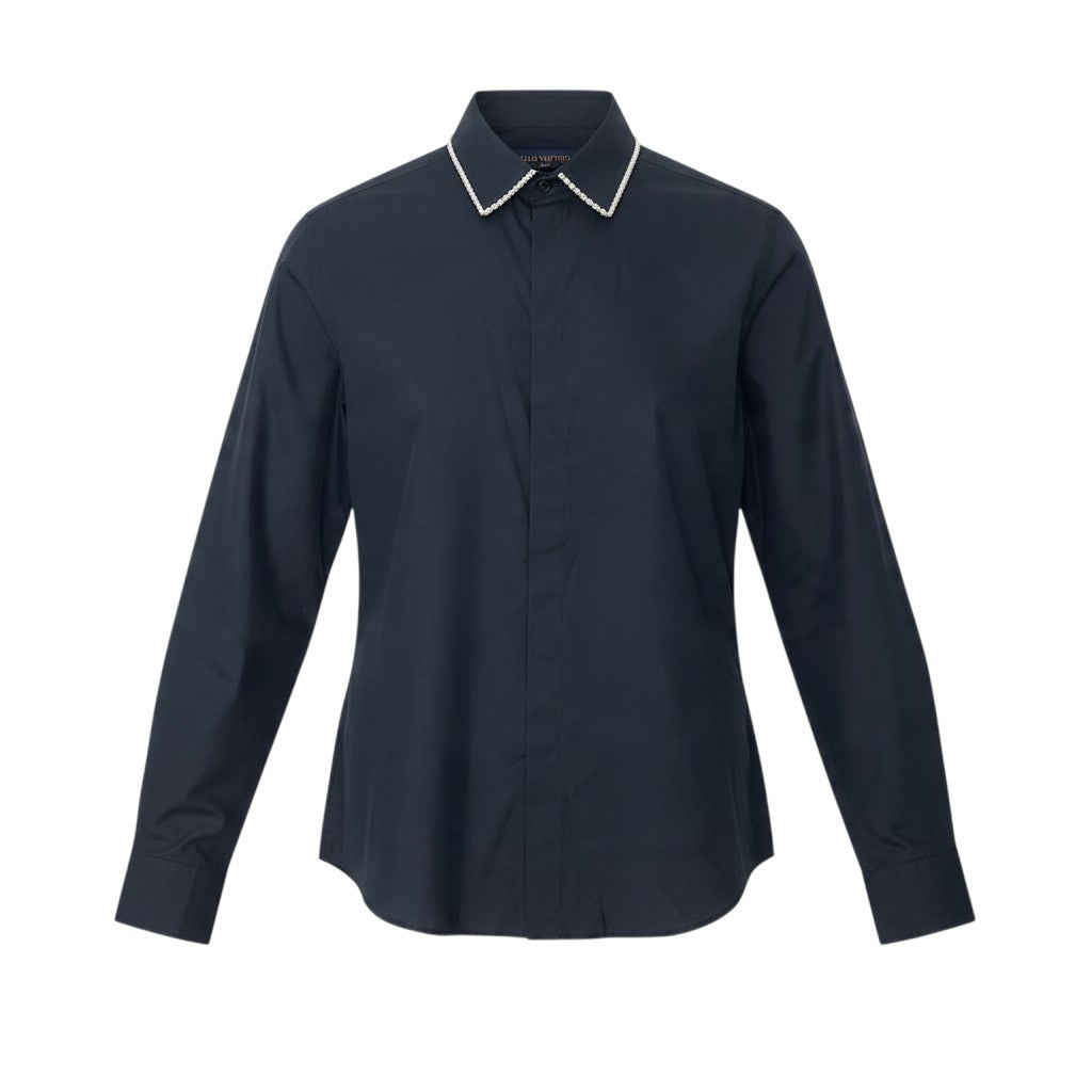 28j16 【未使用タグ付】 LOUIS VUITTON ルイヴィトン ビーズカラー ロングスリーブ ドレスシャツ REGULAR FIT サイズ42/16-1/2 ブラック コットン シルク メンズu02t