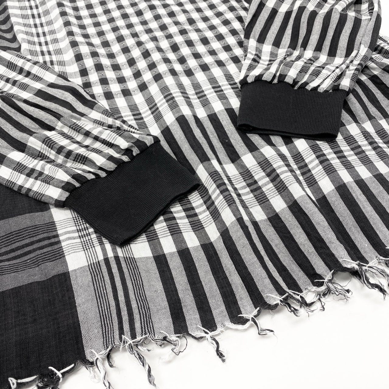 11k28《美品》 BLESS ブレス N°32 チュニックワンピース トップス チェック フリンジ L ブラック グレー コットン レディースu02t