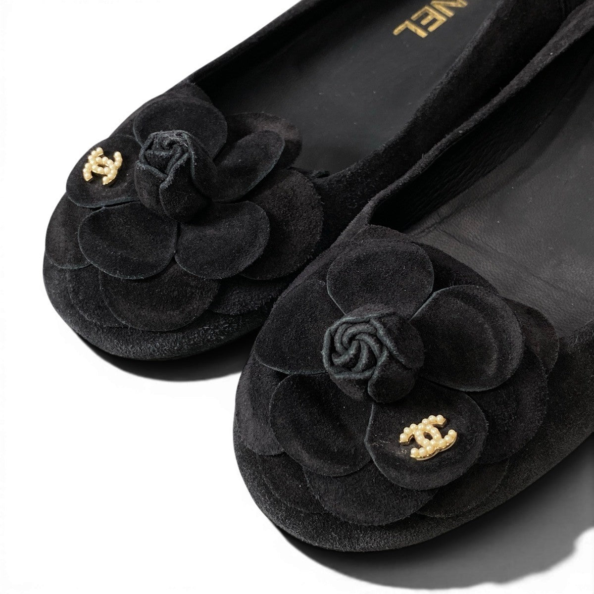 f24 CHANEL フラットシューズ カメリア ココマーク パンプス G32162 36 1/2 サイズ ブラック ベルベット レディース 女性用o07t