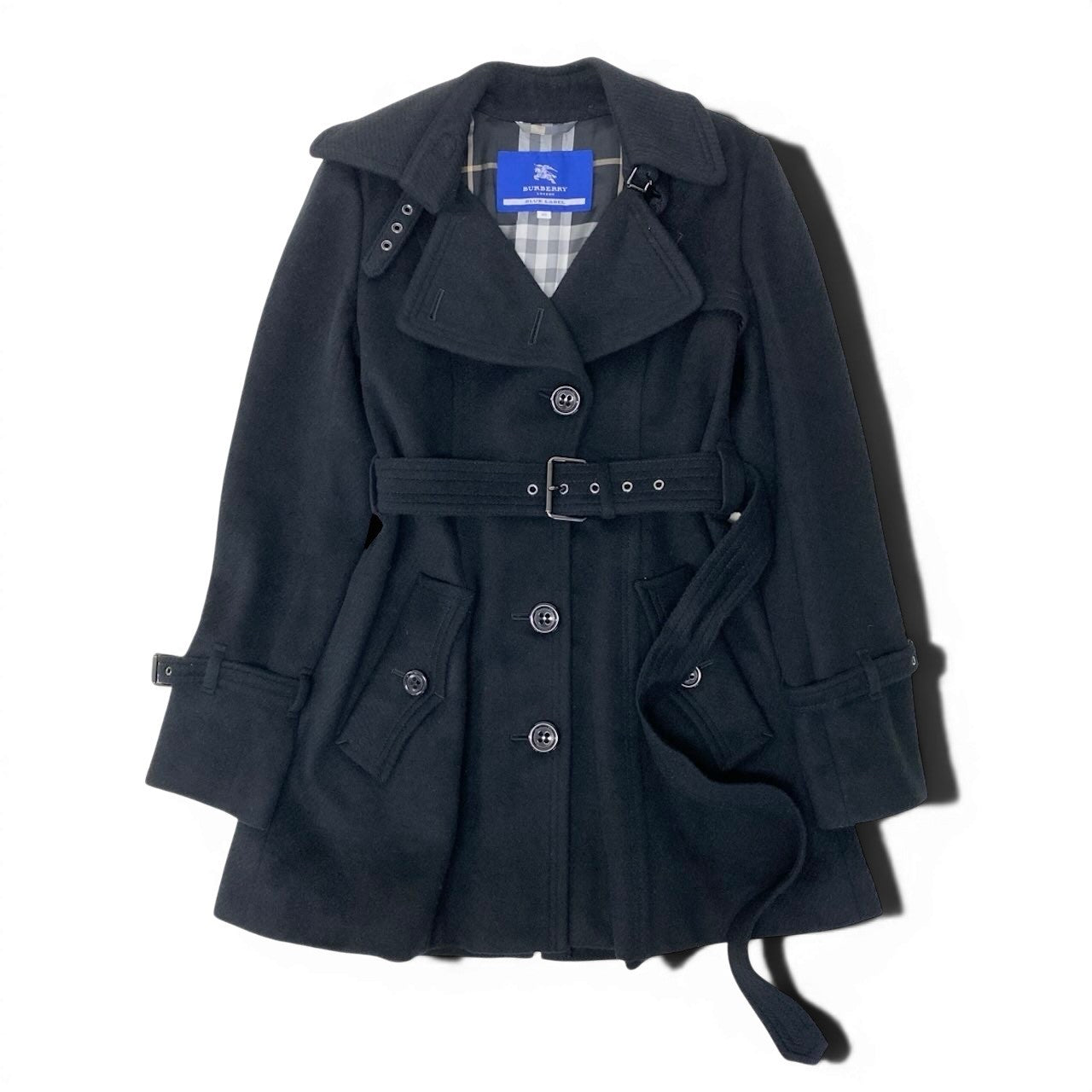 89g20 BURBERRY LONDON BLUE LABEL バーバリーロンドン ブルーレーベル ウールトレンチコート アンゴラ混 裏地ノバチェック サイズ40 ブラック レディース 女性用o07t