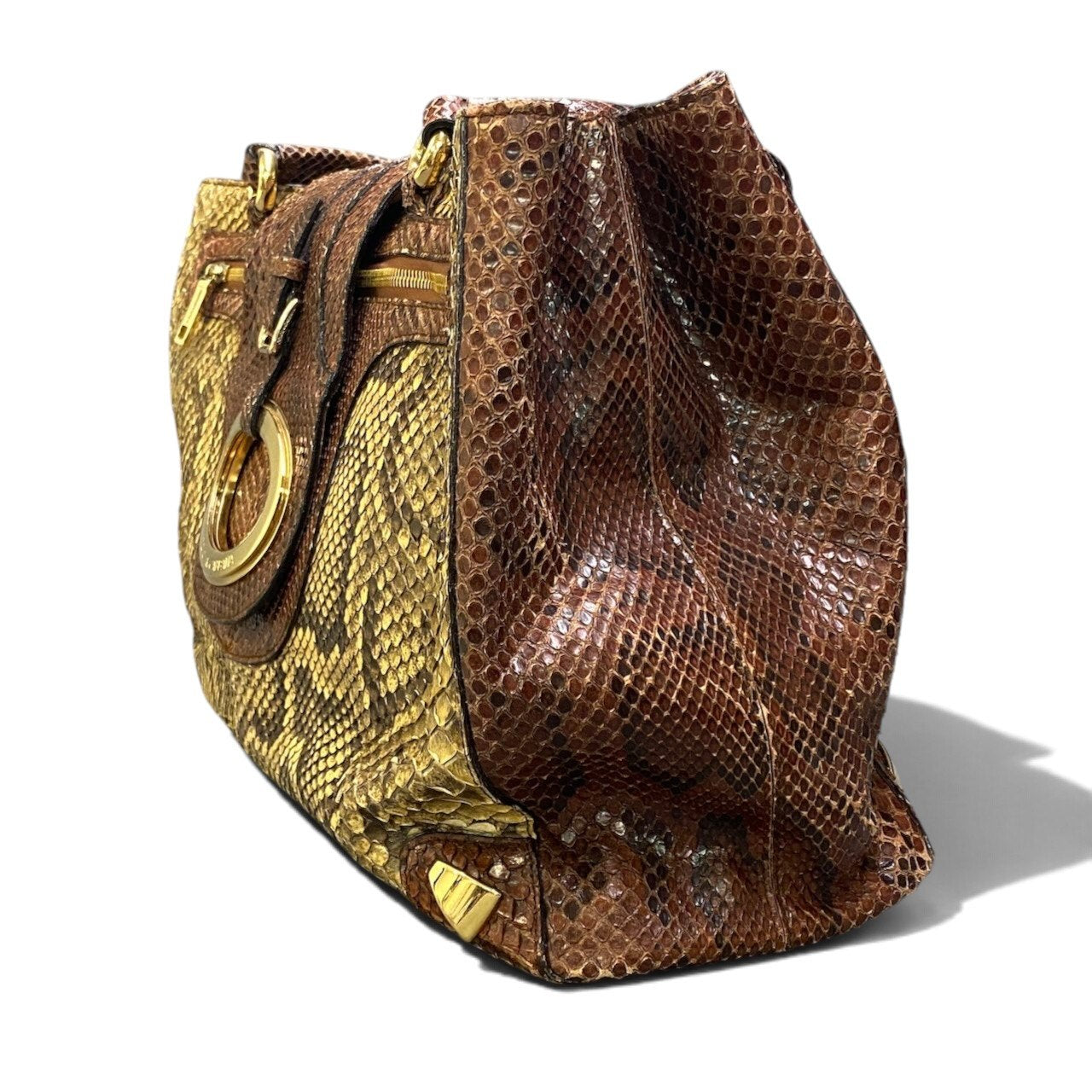 h29 DOLCE＆GABBANA ドルチェアンドガッバーナ リアルパイソン ハンドバッグ ゴールド金具 ブラウン系 パイソンレザーu02t