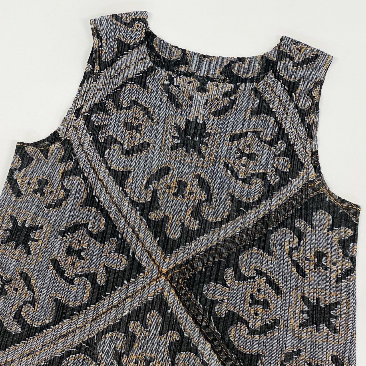 Ah20 PLEATS PLEASE ISSEY MIYAKE プリーツプリーズ イッセイミヤケ デニム転写 ノースリーブワンピース ドレス チュニック トップス 日本製 総柄プリント PP91-JK565 3 グレー レディースo07t