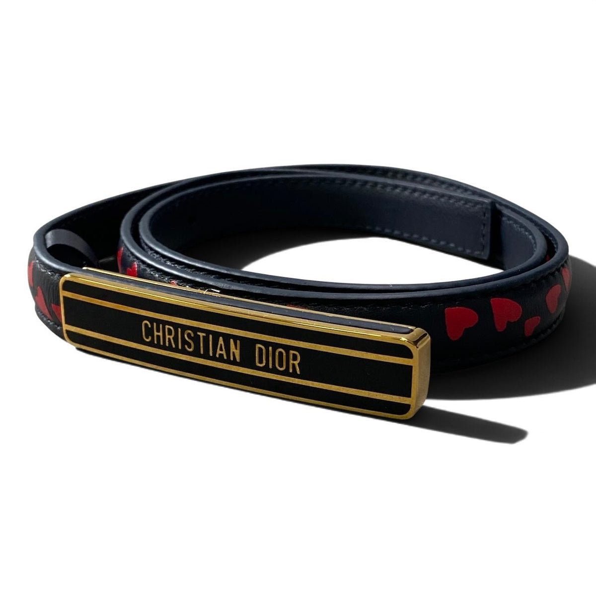 j19 Christian Dior クリスチャンディオール ハート柄 レザーベルト Heart Pattern Leather Belt 75 ブラック Logo Platet18r