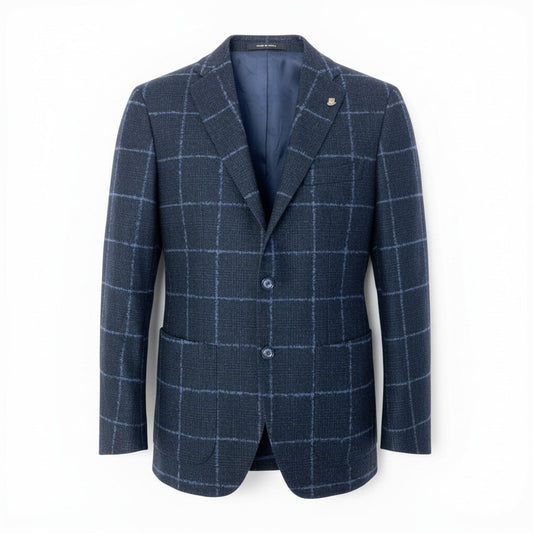 55c19 TAGLIATORE タリアトーレ テーラードジャケット メンズスーツ チェック柄 ウールジャケット ラベルピン メンズ 男性用 紳士服 44 ネイビーu02t