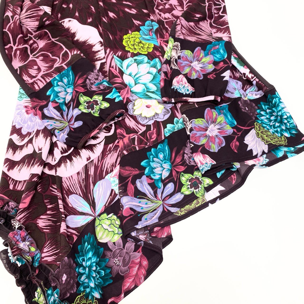 14c2 TOKUKO 1er VOL トクコプルミエヴォル ロングスリーブ チュニックワンピース アシンメトリー 花柄プリント ストレッチ レディース 女性服 サイズ9 パープルu02t