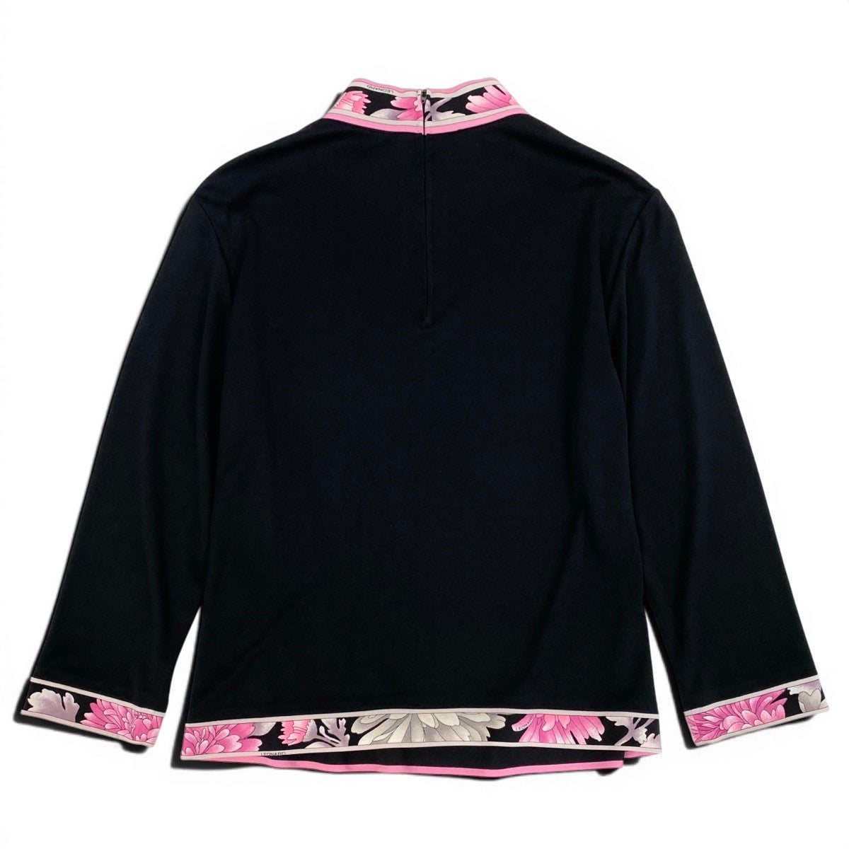 75f10 LEONARD FASHION レオナール ロングスリーブカットソー ハイネック カンカン素材 切替花柄プリント サイズL ブラック ピンク レディース 女性服u02t