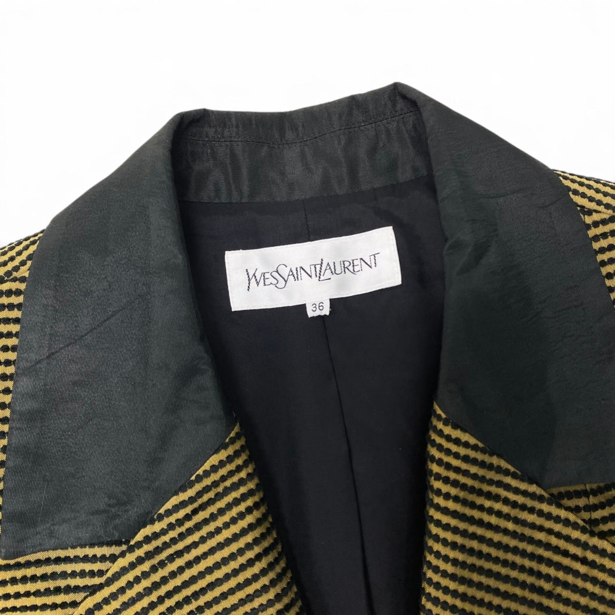86i15 YVES SAINT LAURENT イヴサンローラン テーラードジャケット ストライプ柄 異素材切替 サイズ36 ブラック イエロー レディースo07t