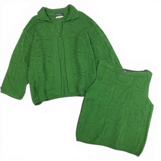 Ab13【美品】Salvatore Ferragamo サルバトーレフェラガモ ヴィンテージ ガンチーニ ニットアンサンブル Vintage Gancini  Knit 2-Piece Set Mサイズ グリーン コットン100％ レディース 女性用ta1