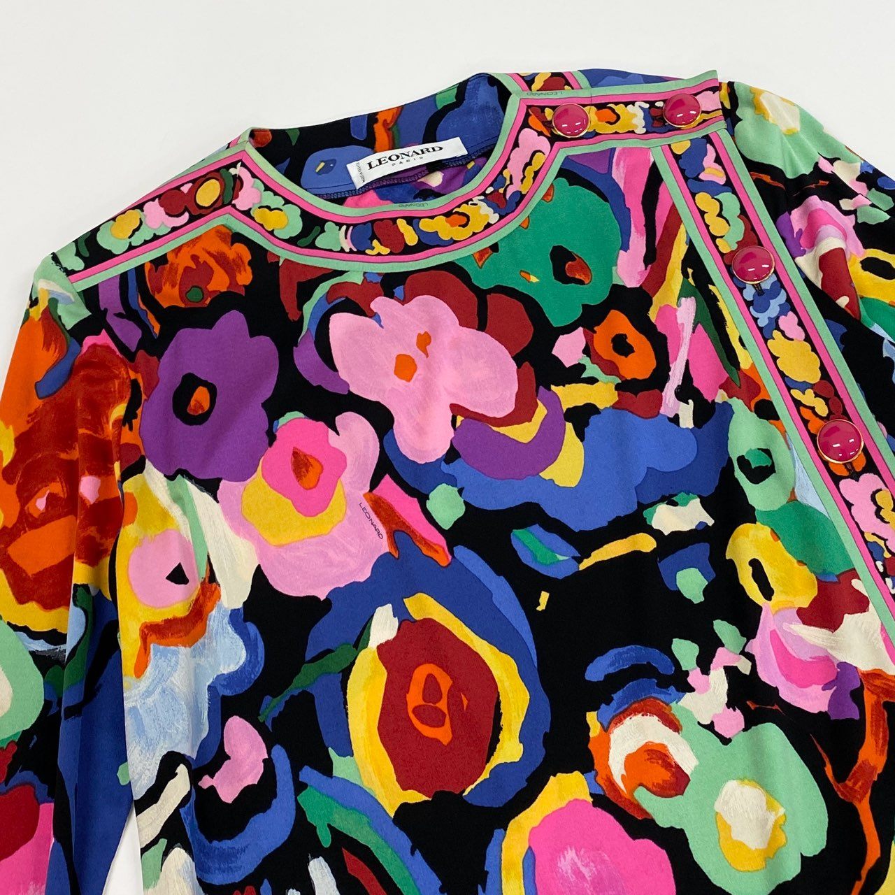 59b22 LEONARD レオナール フラワーモチーフプリント シルクワンピース ロングワンピース 花柄 サイドスリット フランス製 レディース 女性用 マルチカラー 絹100％u02t