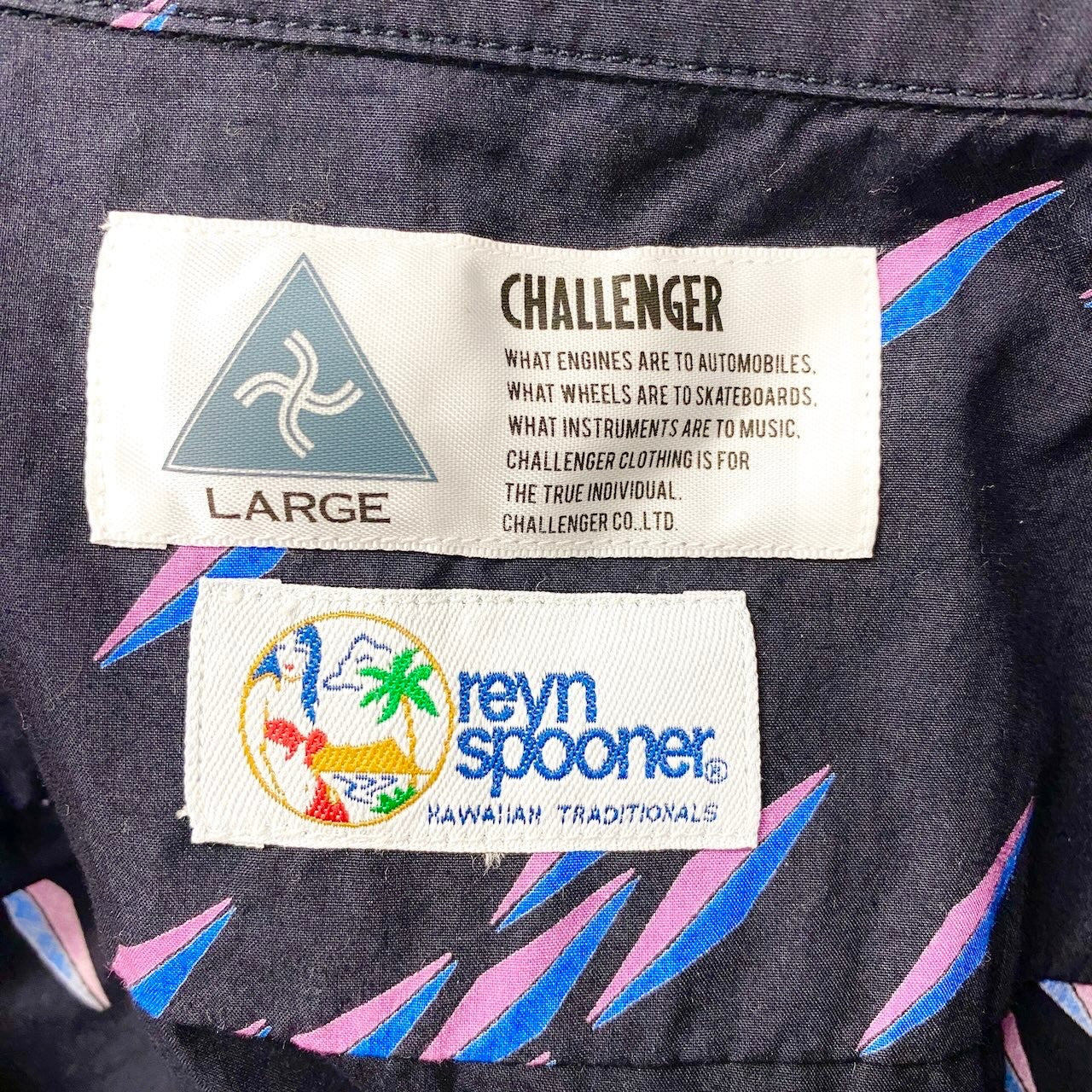 38f15 CHALLENGER × Reyn Spooner チャレンジャー レインスプーナー オープンカラー アロハシャツ 半袖 総柄 サイズL  ネイビー系 コットン100％ メンズ 紳士服u02t