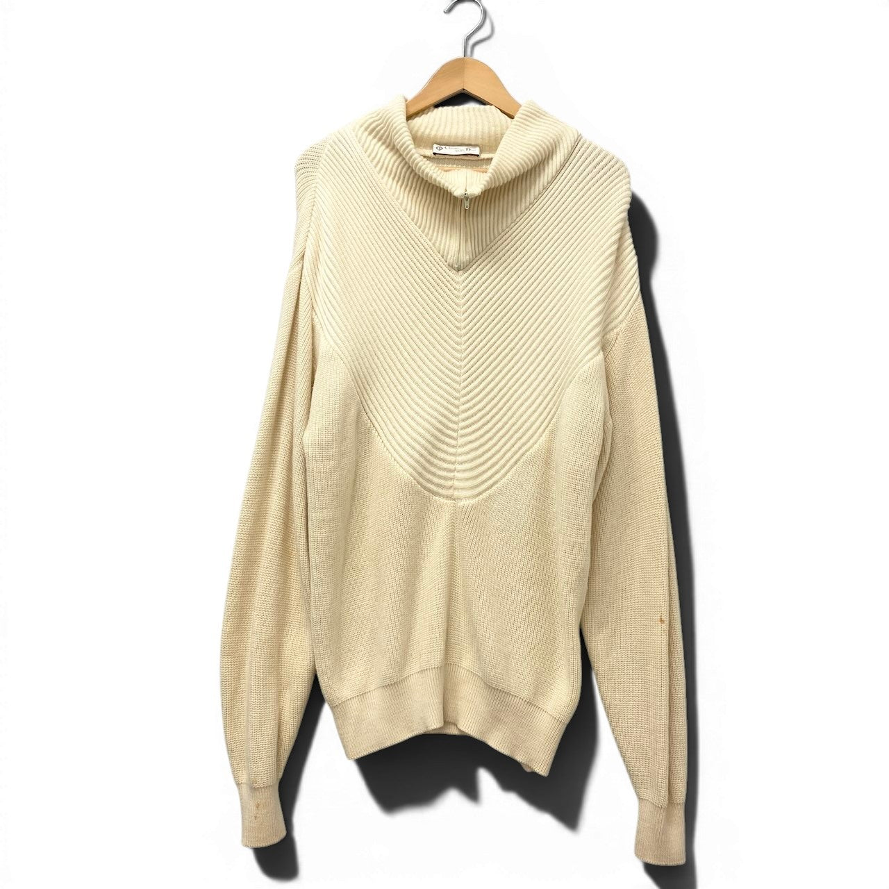 83e15 Christian Dior クリスチャンディオール Vintage ハーフジップ ニット トップス セーター ハイネック Mサイズ アイボリー系 ウール レディースo07t