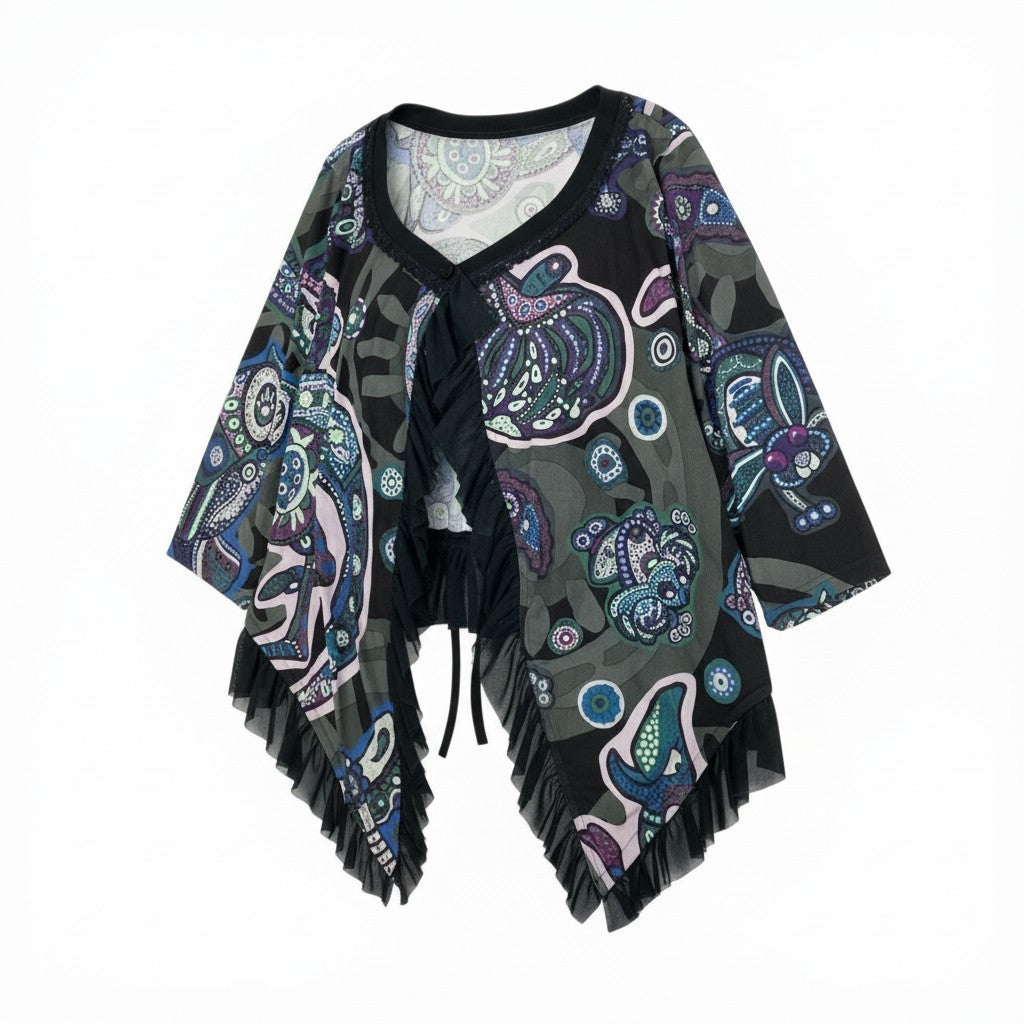 51b27 【美品】 TOKUKO 1er VOLトクコプルミエヴォル ロングスリーブ カーディガン トップス 七分袖 フリル 総柄プリント レディース 女性服 サイズ9 マルチカラーu02t