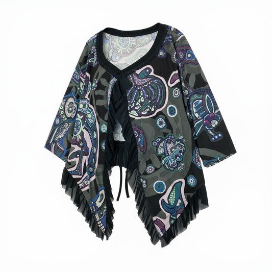 51b27 【美品】 TOKUKO 1er VOLトクコプルミエヴォル ロングスリーブ カーディガン トップス 七分袖 フリル 総柄プリント レディース 女性服 サイズ9 マルチカラーu02t