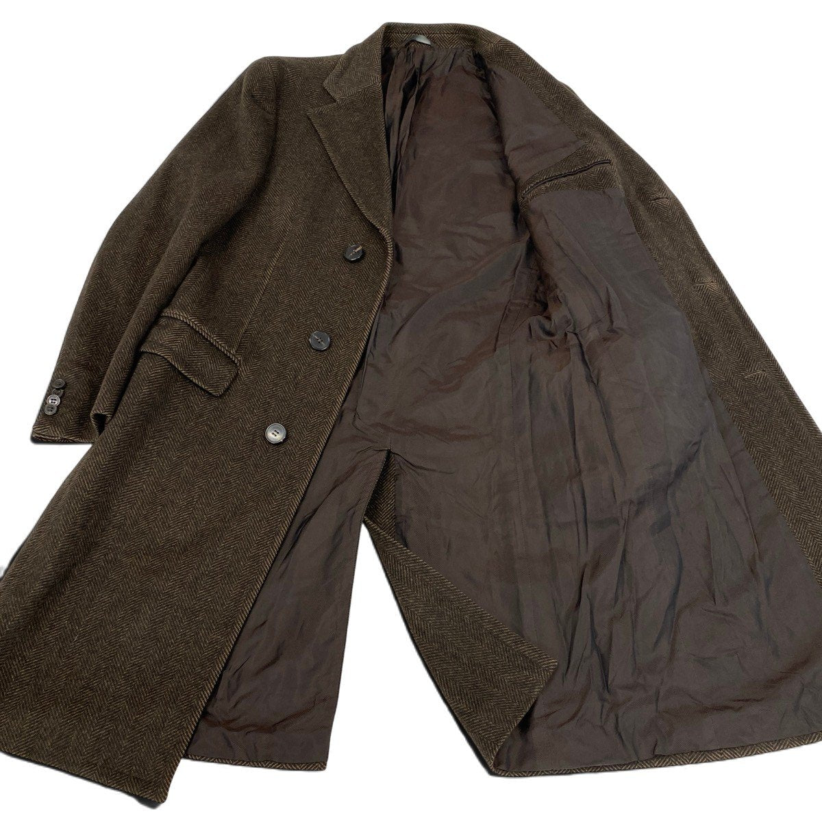 32j14 Zegna ゼニア ロングチェスターコート ウールコート ヘリンボーン アウター 48Rサイズ ブラウン ウール100％ メンズ 男性用u02t