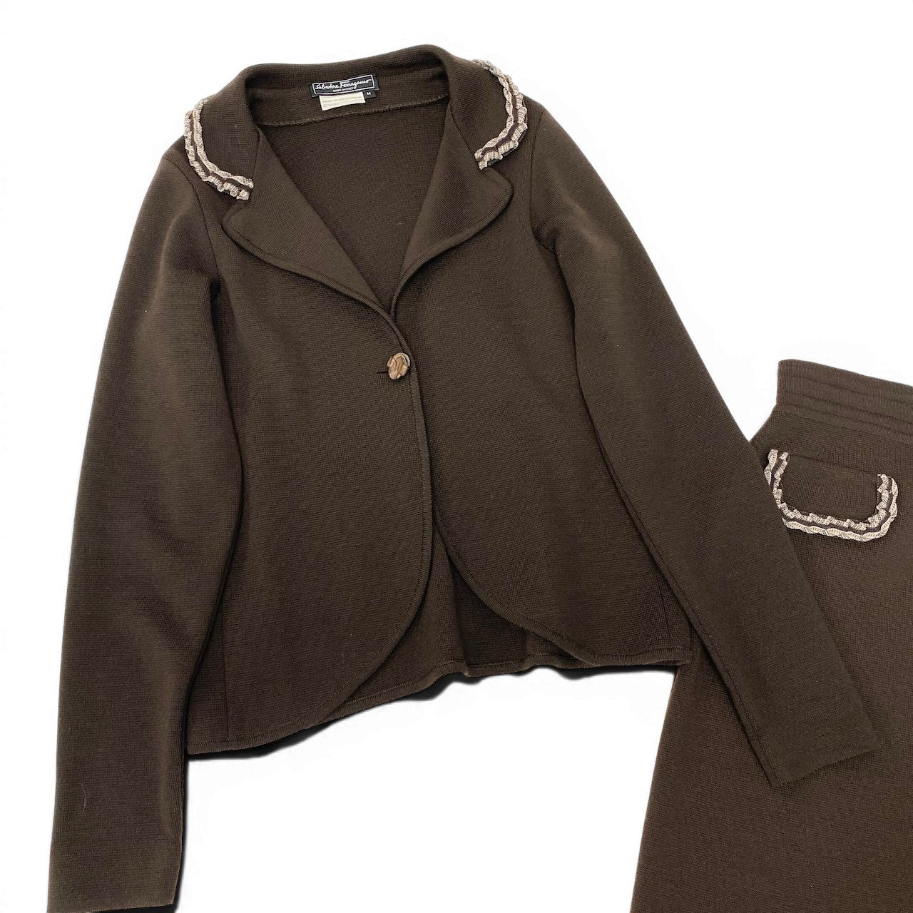 62e12 【美品】 Salvatore Ferragamo サルヴァトーレフェラガモ セットアップスカート ニットジャケット ニットスカート サイズL / M ブラウン ウール100％ レディース 女性用o07t