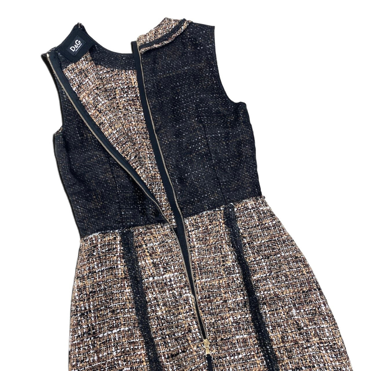37i26 【美品】D＆G DOLCE&GABBANA ドルチェアンドガッパーナ ツイードノースリーブワンピース ドレス メッシュ 異素材切替  38サイズ ブラウン系 レディース 女性用u02t