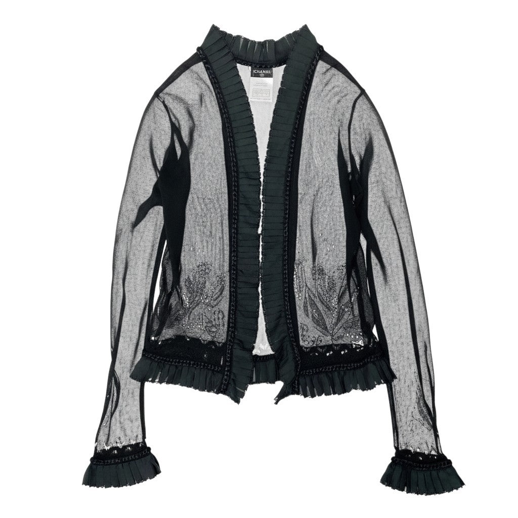 e8 CHANEL 2004SS ニットカーディガン ボレロ レース 花柄 P23080 36サイズ ブラック レーヨン100％ レディース 女性用k02i