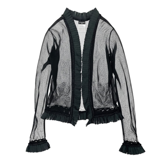 e8 CHANEL 2004SS ニットカーディガン ボレロ レース 花柄 P23080 36サイズ ブラック レーヨン100％ レディース 女性用k02i