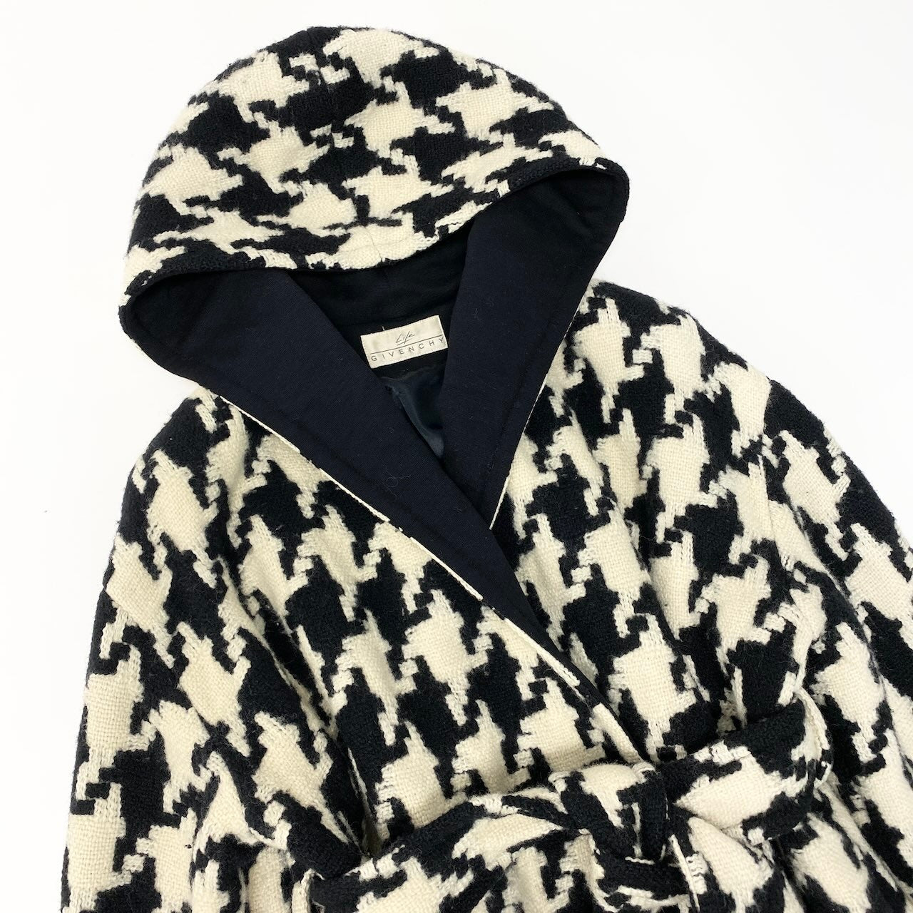 84c27 GIVENCHY ジバンシー フーディーコート ウールコート ウエストベルト 千鳥格子 アウター アイボリー ブラック レディース 女性用u02t