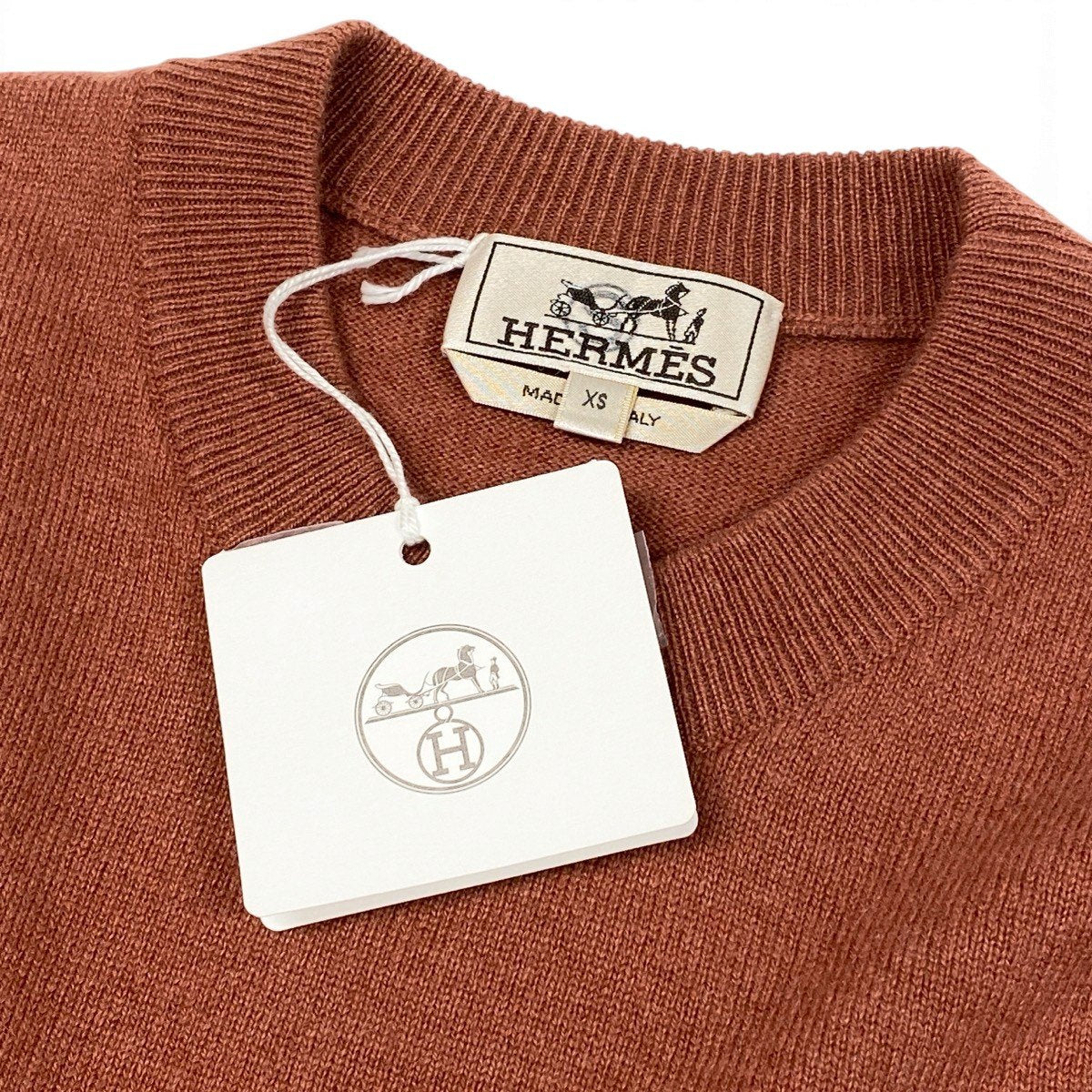 Mj9 【未使用タグ付】 HERMES エルメス マイヨン シェーヌ ダンクル クルーネックセーター サイズXS ブラウン系 カシミヤ100％ メンズu02t