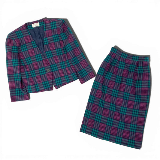 63a28 【美品】Vintage GIVENCHY ビンテージ ジバンシィ スカートセットアップ ジャケット タイトスカート チェック柄 9サイズ グリーン ピンク ウール100％ レディースo07t