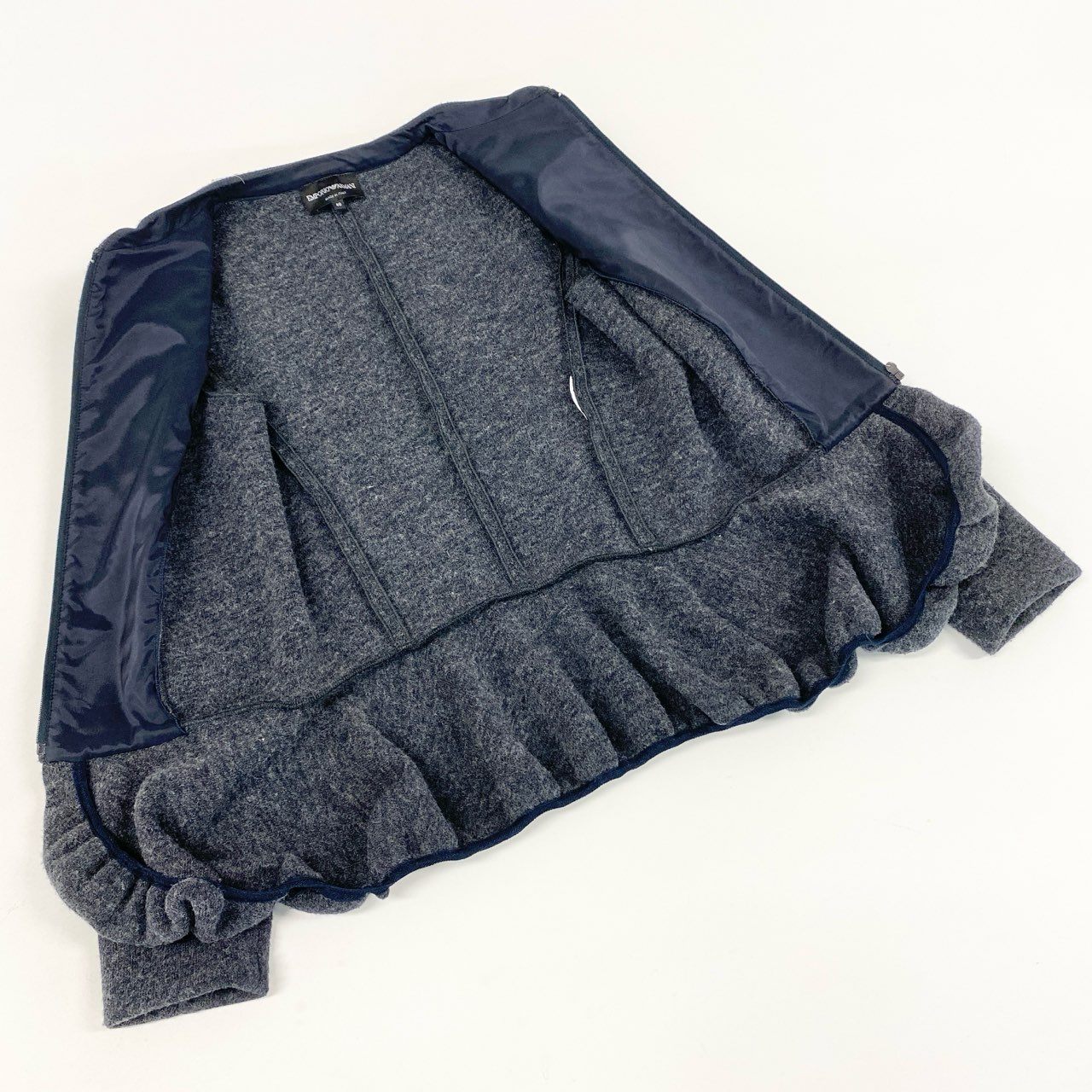 5i12 EMPORIO ARMANI エンポリオアルマーニ ジップアップ ウールジャケット フリルブルゾン 40 グレー レディースu02t