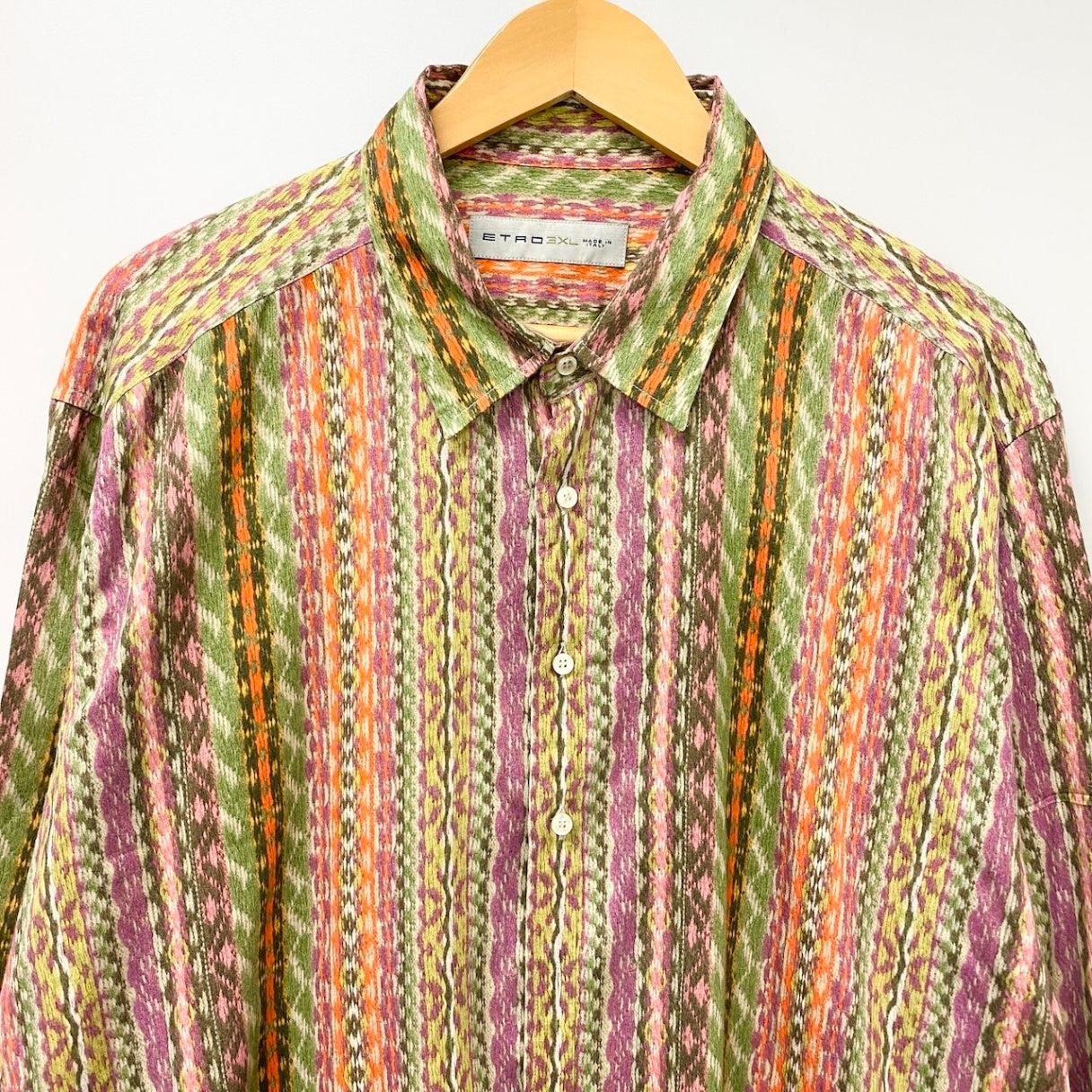 83e15【美品】ETRO エトロ ロングスリーブシャツ 総柄 ストライプ イタリア製 ３XLサイズ マルチカラー コットン100％ メンズ 男性用u02t