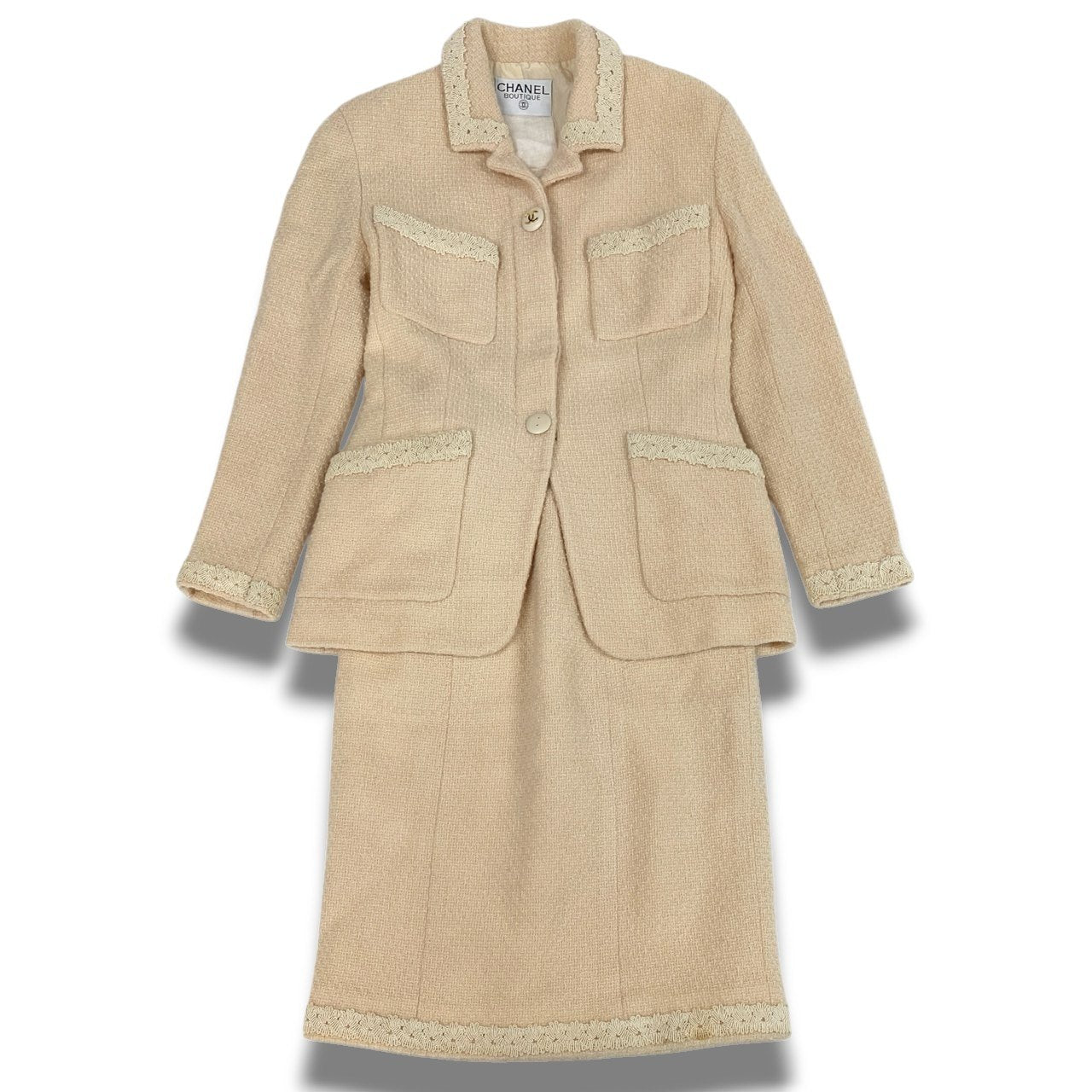 Cc3 CHANEL ヴィンテージ シャネル ココマークボタン ツイードジャケット スカート セットアップ  M相当 アイボリー レディース 女性用 スーツta1