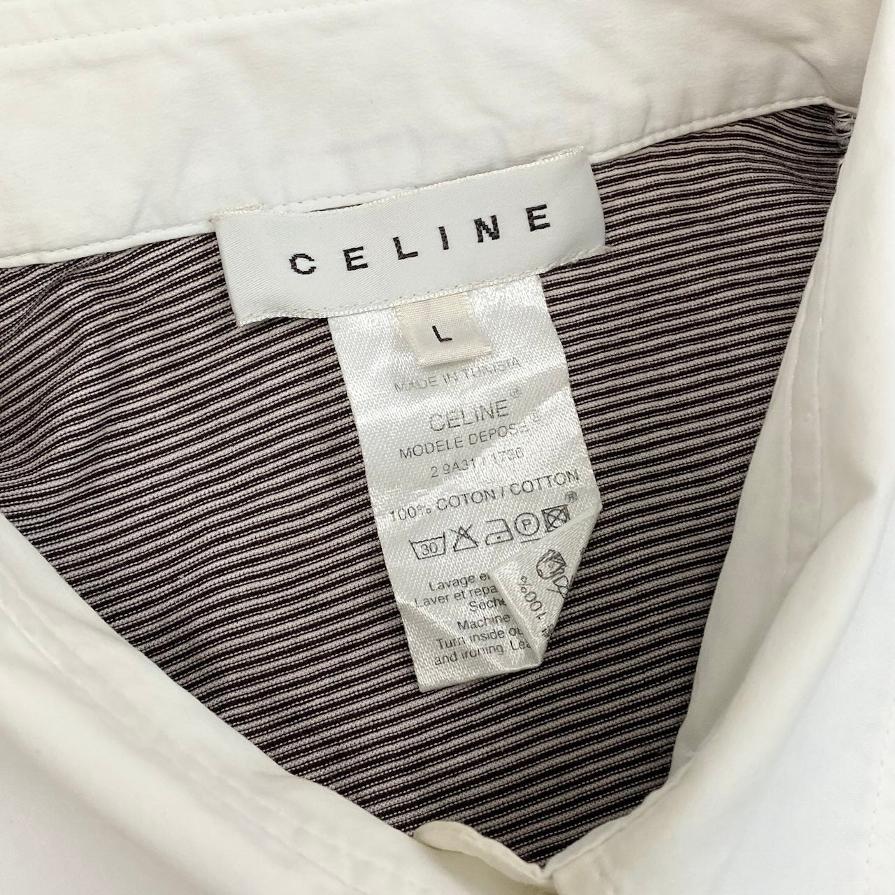 Ic27 CELINE セリーヌ 半袖ポロシャツ コットンシャツ トップス マカダム刺繍 ボーダー Lサイズ ブラウン ホワイト コットン100％ レディース 女性用u02t