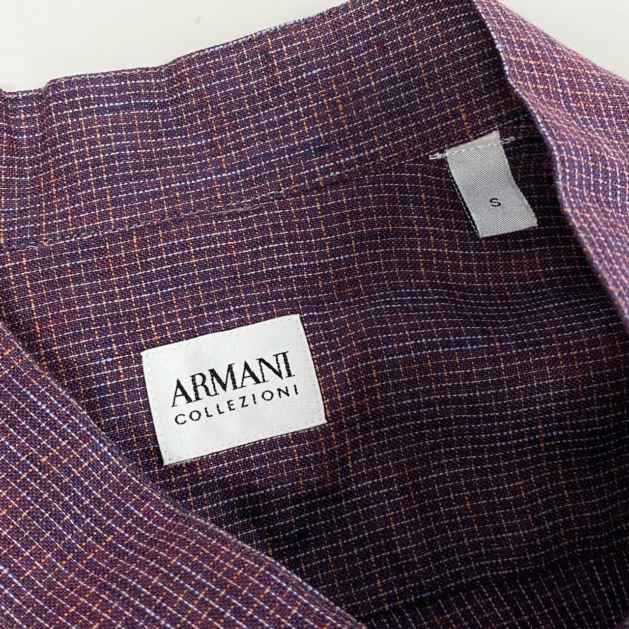 31a26 ARMANI COLLEZIONI アルマーニコレツィオーネ ノーカラーシャツ 長袖 チェック柄 比翼ボタン S パープル メンズ 男性用o07t