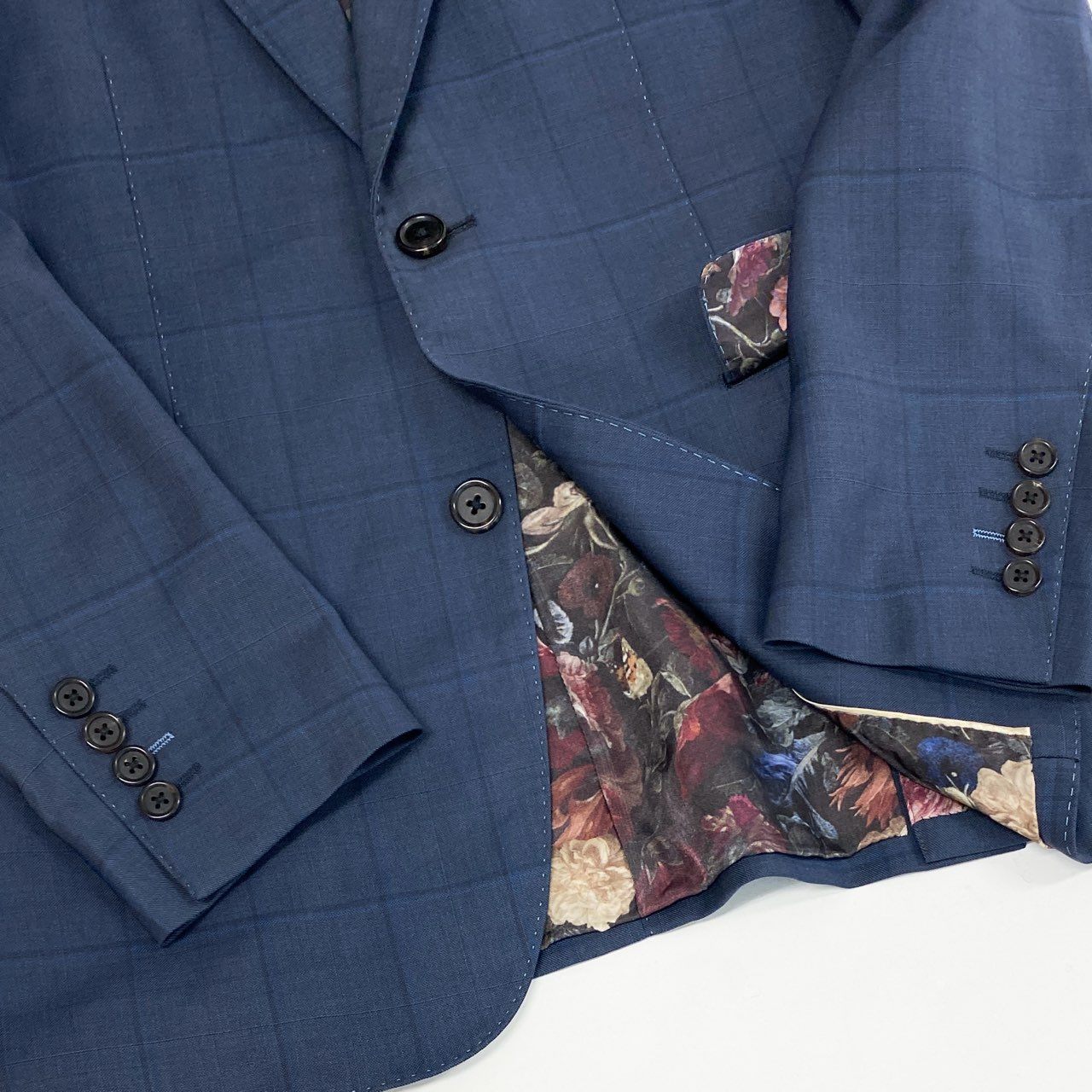 33i25 Paul Smith ポールスミス イタリア製生地 裏地花柄 シングルスーツ セットアップ M ブルー チェック ウール メンズk02i