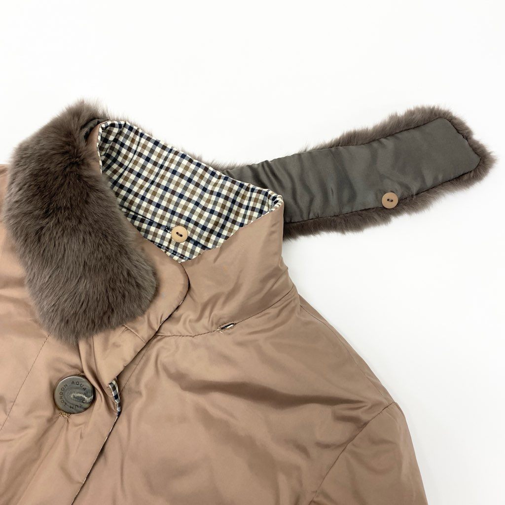 42a27 Aquascutum LONDON アクアスキュータム リバーシブル ダウンコート 2way レッキスラビットファー チェック柄 レディース サイズ8 ベージュo07t