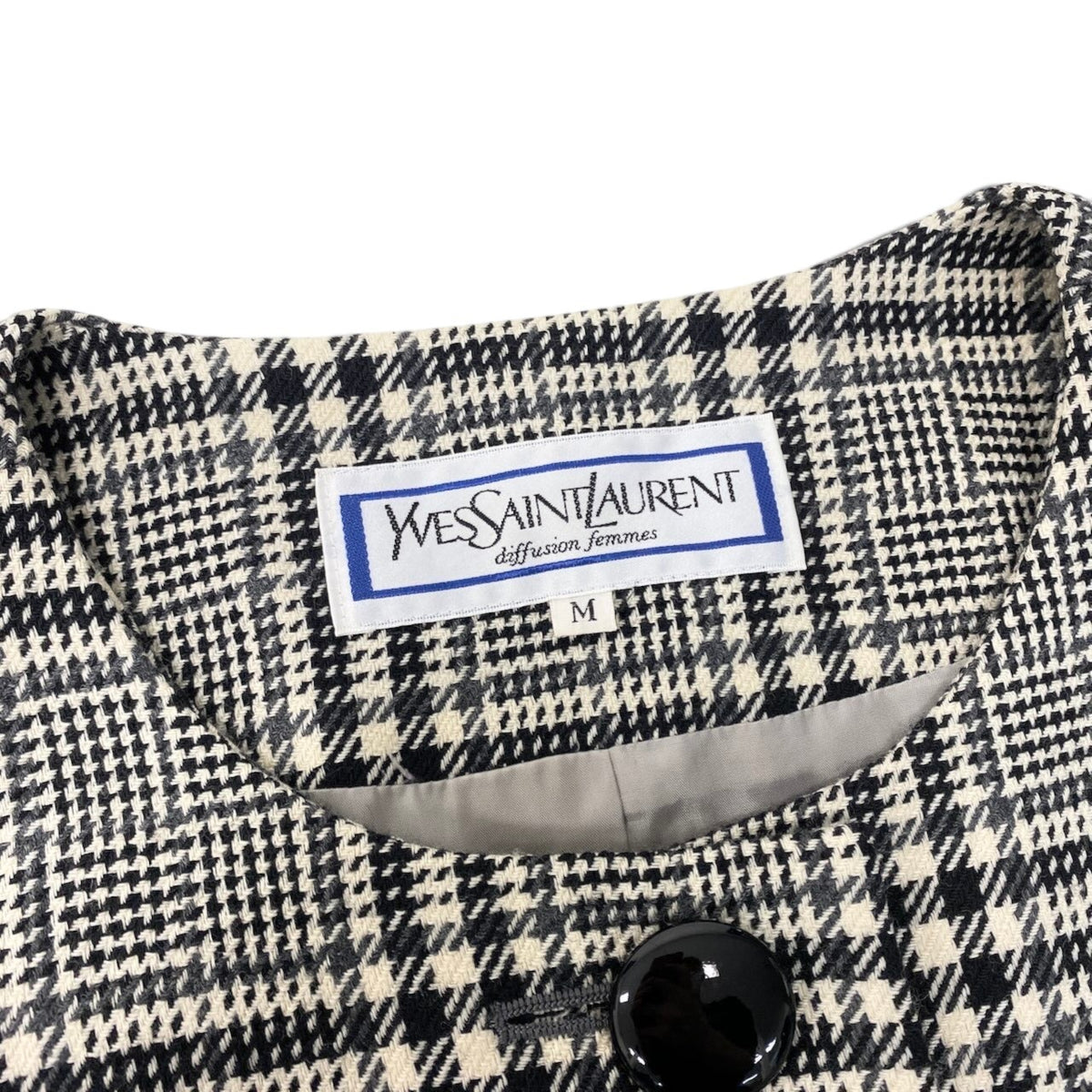 56i16 YVES SAINT LAURENT イヴサンローラン ノーカラージャケット グレンチェック カシミヤブレンド サイズM ブラック ホワイト グレー レディースo07t