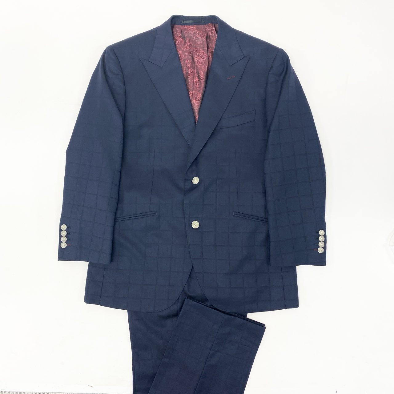 19k27 GINZA Global Style 銀座グローバルスタイル SCABAL スキャバル生地使用○ セットアップスーツ シングル 2B チェック柄 裏地ペイズリー柄  ネイビー ウール100％u02t