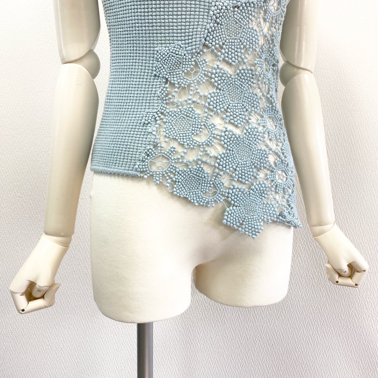 15K18 【美品】CHANEL シャネル 2014SS レース切替 ワッフルカットソー P41341K03047 サイズ34 ブルー系 レディース 女性用 トップスk02i
