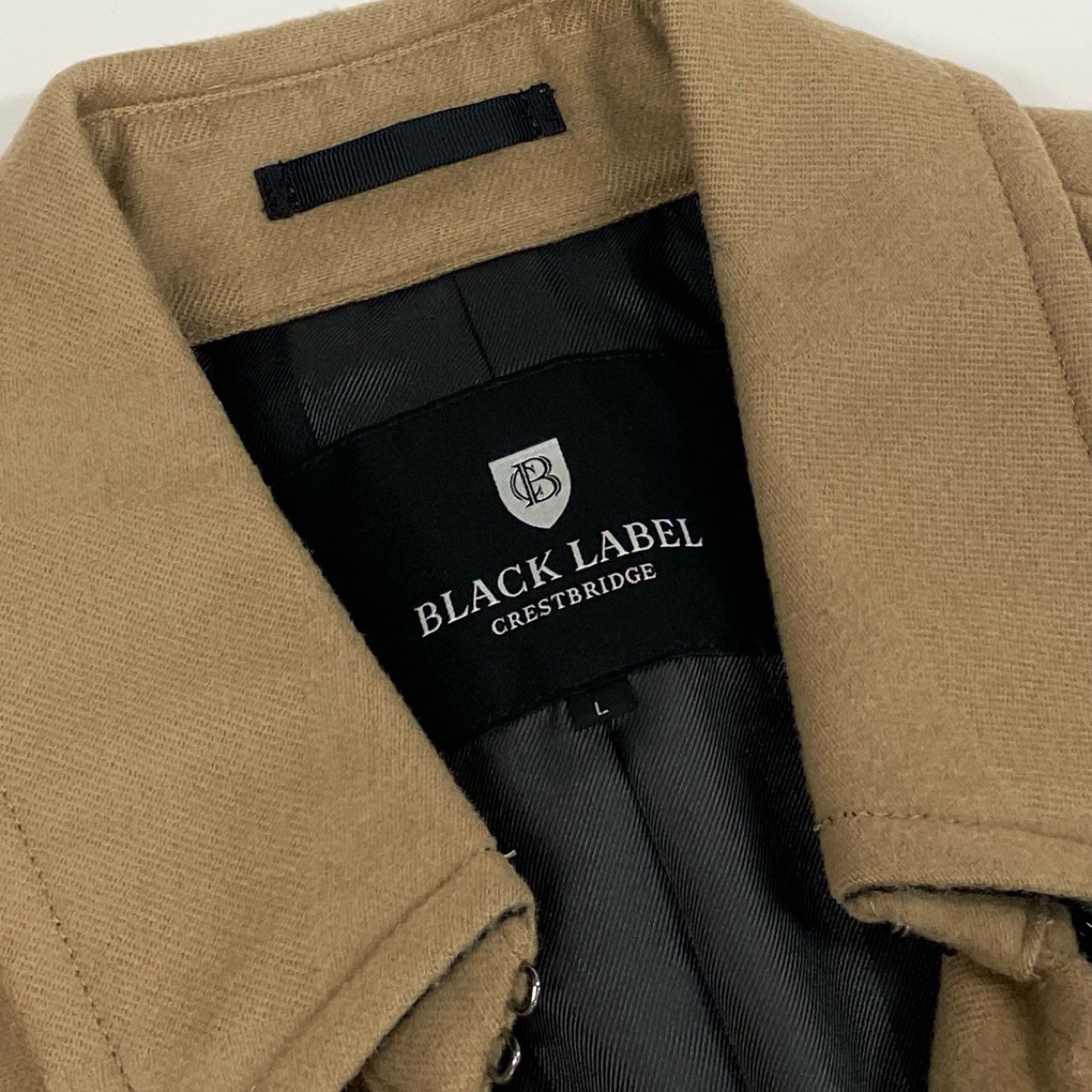 84j5 BLACK LABEL CRESTBRIDGE ブラックレーベル クレストブリッジ チェック柄 ダウン ピーコート ハーフコート ジャケット 51F15-614-46 Lサイズ ベージュ ウール 羊毛 メンズo07t