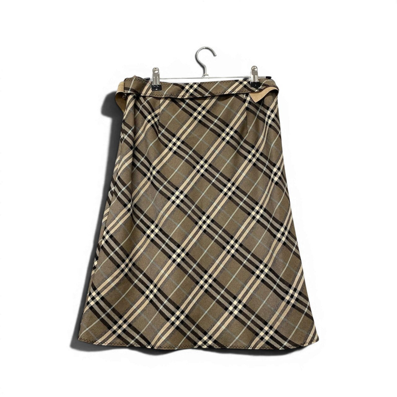 40e18 BURBERRY LONDON BLUE LABEL バーバリーロンドン ブルーレーベル ベルト付 膝丈スカート ノバチェック ウールスカート サイズ38 ブラウン系 レディース 女性用u02t