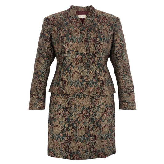 62a28 Vintage Christian Dior ヴィンテージ クリスチャンディオール タペストリー柄 セットアップ ジャケット スカート Tapestry Brocade Skirt Suit Floral M レッド ゴールド レディースo07t