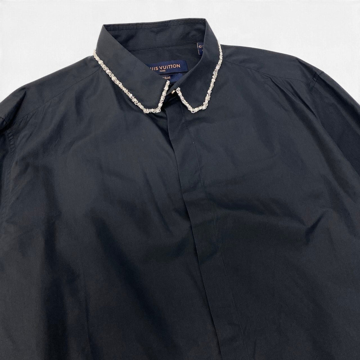 28j16 【未使用タグ付】 LOUIS VUITTON ルイヴィトン ビーズカラー ロングスリーブ ドレスシャツ REGULAR FIT サイズ42/16-1/2 ブラック コットン シルク メンズu02t