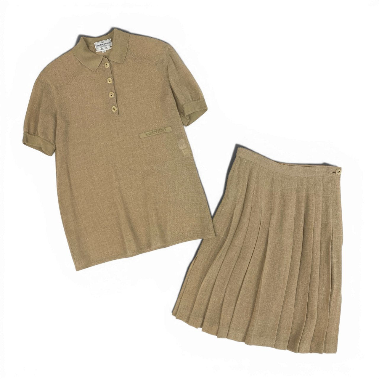31b12 VINTAGE VALENTINO ヴィンテージ ヴァレンティノ ロゴ刺繍 半袖ポロシャツ プリーツスカート Logo Embroidered Set Up 8 ベージュ レディースk02i