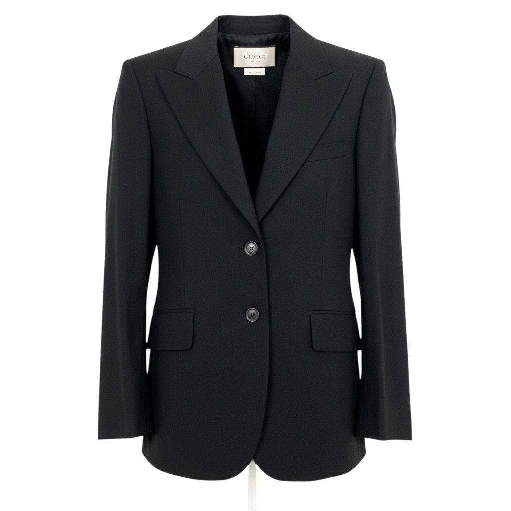 i19 E タグ付 GUCCI グッチ GUCCI UNIFORM テーラードジャケット ピークドラペル 40 ブラック ウール レディースo07t